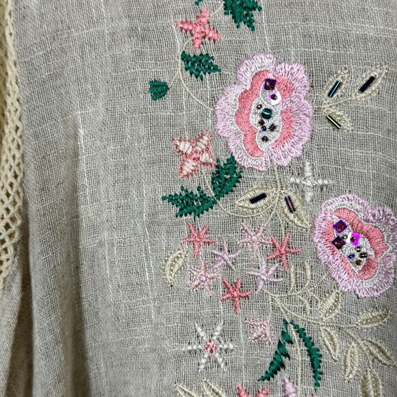 Aratta Floral Embroidered Linen Tunic Top Medium Tan Beaded Embellished Boho - Picture 4 of 8